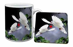 White Doves+ Red Heart Mug and Coaster Set