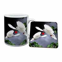 White Doves+ Red Heart Mug and Coaster Set