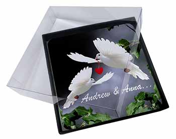 4x Doves Personalised Valentines Day Gift Picture Table Coasters Set in Gift Box
