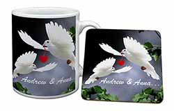 Doves Personalised Valentines Day Gift Mug and Coaster Set
