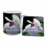 Doves Personalised Valentines Day Gift Mug and Coaster Set