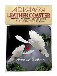 Doves Personalised Valentines Day Gift Single Leather Photo Coaster