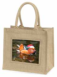 Lucky Mandarin Duck Natural/Beige Jute Large Shopping Bag