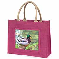 Mallard Duck by Stream Large Pink Jute Shopping Bag
