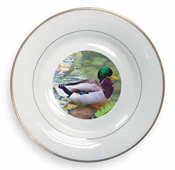 Mallard Duck by Stream Gold Rim Plate Printed Full Colour in Gift Box