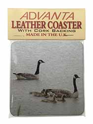Geese+Goslings in Heavy Rain Single Leather Photo Coaster
