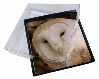 4x White Barn Owl Picture Table Coasters Set in Gift Box