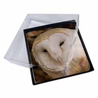 4x White Barn Owl Picture Table Coasters Set in Gift Box