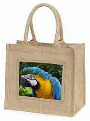 Blue+Gold Macaw Parrot Natural/Beige Jute Large Shopping Bag