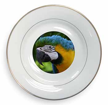 Blue+Gold Macaw Parrot Gold Rim Plate Printed Full Colour in Gift Box
