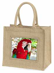Green Winged Red Macaw Parrot Natural/Beige Jute Large Shopping Bag