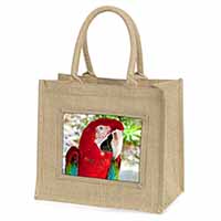 Green Winged Red Macaw Parrot Natural/Beige Jute Large Shopping Bag