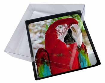 4x Green Winged Red Macaw Parrot Picture Table Coasters Set in Gift Box