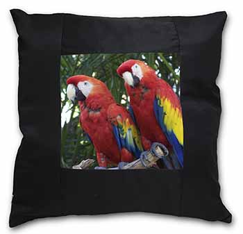 Macaw Parrots in Palm Tree Black Satin Feel Scatter Cushion