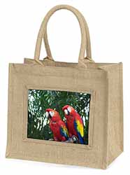 Macaw Parrots in Palm Tree Natural/Beige Jute Large Shopping Bag