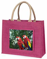 Macaw Parrots in Palm Tree Large Pink Jute Shopping Bag