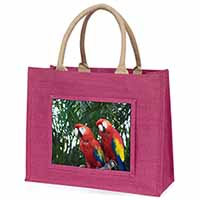 Macaw Parrots in Palm Tree Large Pink Jute Shopping Bag