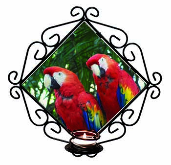 Macaw Parrots in Palm Tree Wrought Iron Wall Art Candle Holder