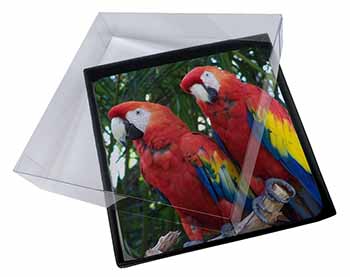 4x Macaw Parrots in Palm Tree Picture Table Coasters Set in Gift Box