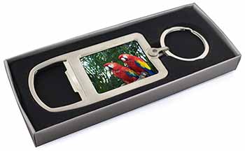 Macaw Parrots in Palm Tree Chrome Metal Bottle Opener Keyring in Box