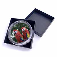 Macaw Parrots in Palm Tree Glass Paperweight in Gift Box