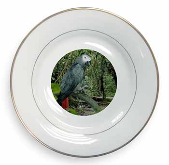African Grey Parrot Gold Rim Plate Printed Full Colour in Gift Box