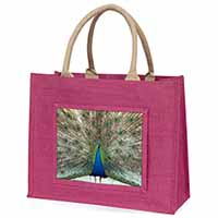 Rainbow Feathers Peacock Large Pink Jute Shopping Bag