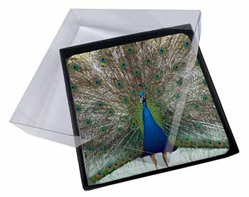 4x Rainbow Feathers Peacock Picture Table Coasters Set in Gift Box