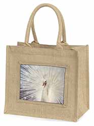White Feathers Peacock Natural/Beige Jute Large Shopping Bag