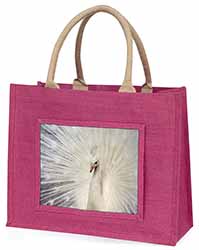 White Feathers Peacock Large Pink Jute Shopping Bag