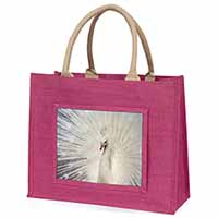 White Feathers Peacock Large Pink Jute Shopping Bag