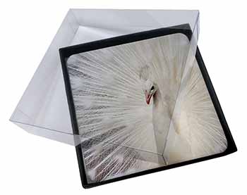 4x White Feathers Peacock Picture Table Coasters Set in Gift Box