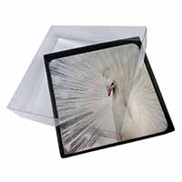 4x White Feathers Peacock Picture Table Coasters Set in Gift Box