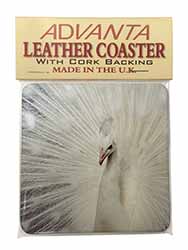 White Feathers Peacock Single Leather Photo Coaster