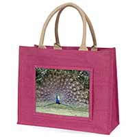Colourful Peacock Large Pink Jute Shopping Bag