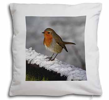 Robin on Snow Wall Soft White Velvet Feel Scatter Cushion