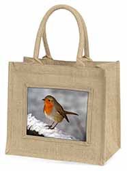 Robin on Snow Wall Natural/Beige Jute Large Shopping Bag