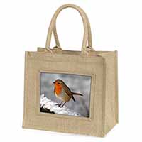Robin on Snow Wall Natural/Beige Jute Large Shopping Bag