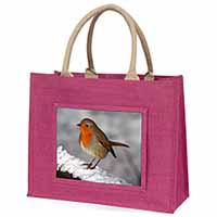 Robin on Snow Wall Large Pink Jute Shopping Bag