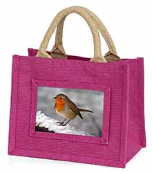 Robin on Snow Wall Little Girls Small Pink Jute Shopping Bag