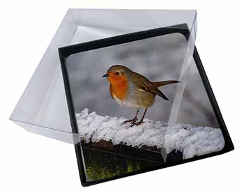 4x Robin on Snow Wall Picture Table Coasters Set in Gift Box