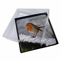 4x Robin on Snow Wall Picture Table Coasters Set in Gift Box