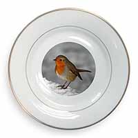 Robin on Snow Wall Gold Rim Plate Printed Full Colour in Gift Box