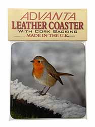 Robin on Snow Wall Single Leather Photo Coaster