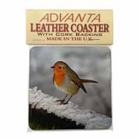 Robin on Snow Wall Single Leather Photo Coaster