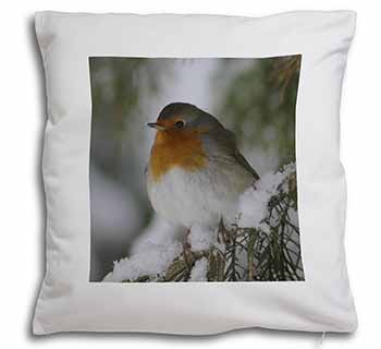 Robin Red Breast in Snow Tree Soft White Velvet Feel Scatter Cushion