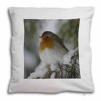 Robin Red Breast in Snow Tree Soft White Velvet Feel Scatter Cushion