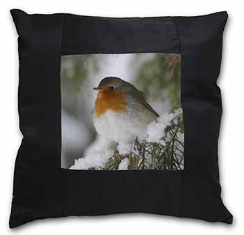 Robin Red Breast in Snow Tree Black Satin Feel Scatter Cushion