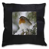 Robin Red Breast in Snow Tree Black Satin Feel Scatter Cushion