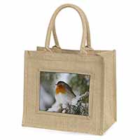 Robin Red Breast in Snow Tree Natural/Beige Jute Large Shopping Bag